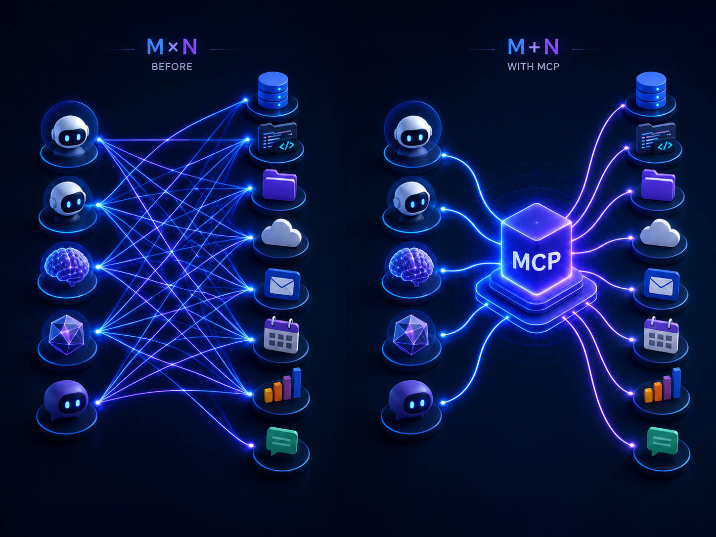 The M×N problem turned into M+N by MCP: one server per tool, reusable by any AI